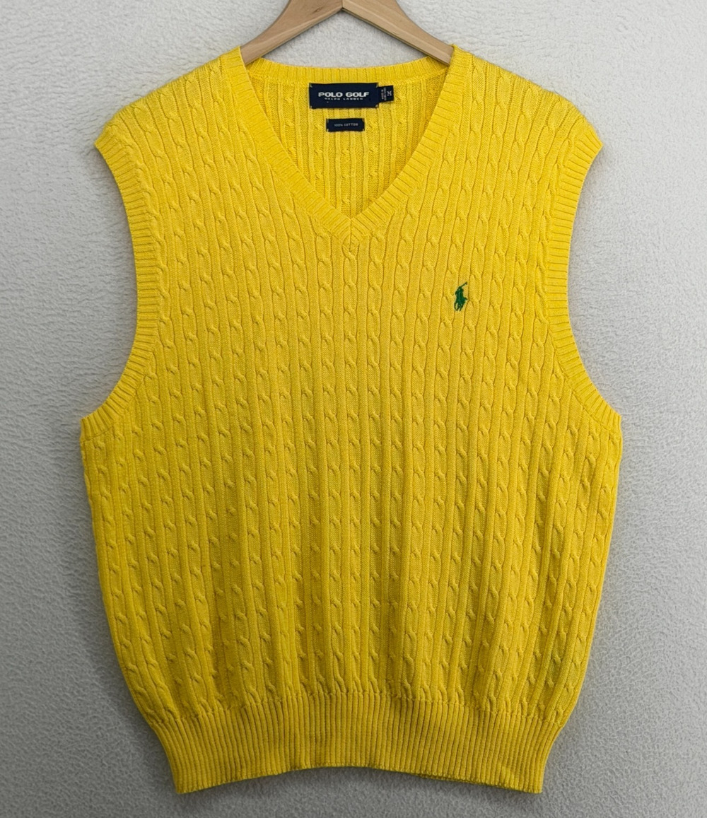 RALPH LAUREN Vest Mens M POLO GOLF Cable Sweater Pullover Yellow VTG HK
